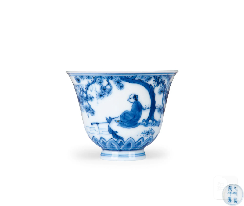明崇祯 青花高士燕闲图茶杯